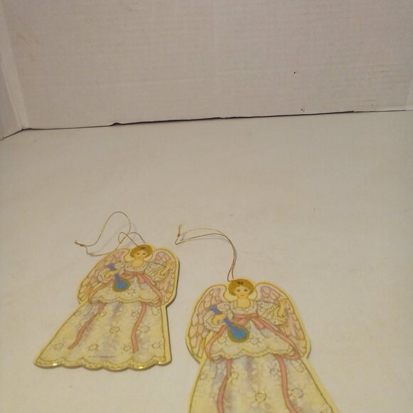 Angel Christmas Ornament 2 Die Cut Cardboard Vintage 1991 Gibson 4.5" Gold Pink - Picture 2 of 9